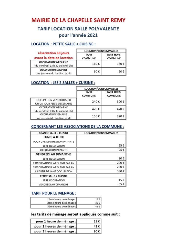 Tarifs salle des fêtes - Mairie de La Chapelle Saint Rémy